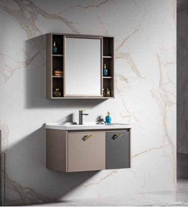 Hand Wash Cabinet Basin with mirror. Color beige and grey. 600 by 470