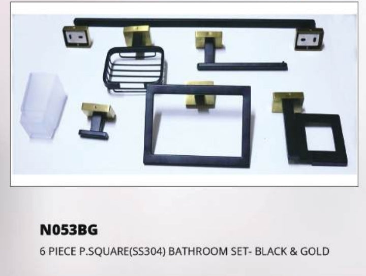 6 piece P. square bathroom accessories set. Black & Gold.