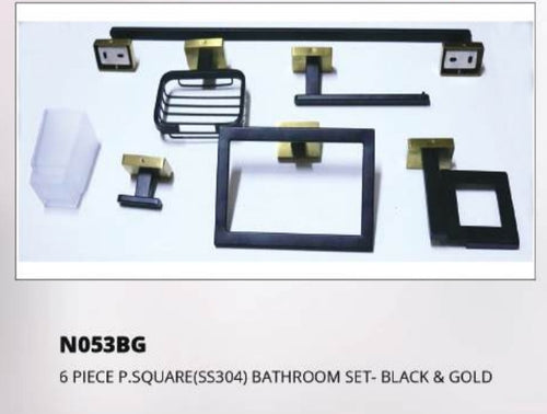 6 piece P. square bathroom accessories set. Black & Gold.