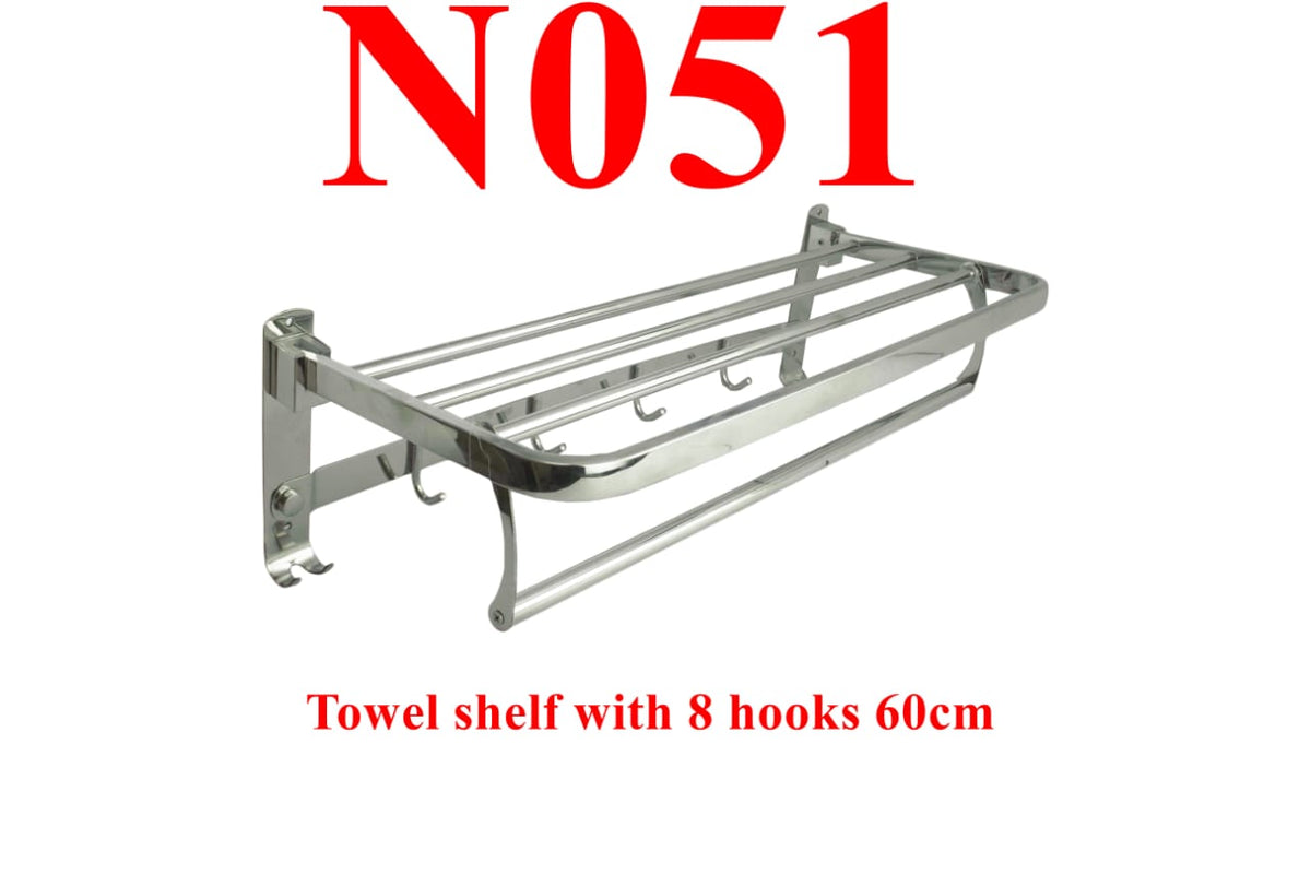 Towel shelf with 8 hooks