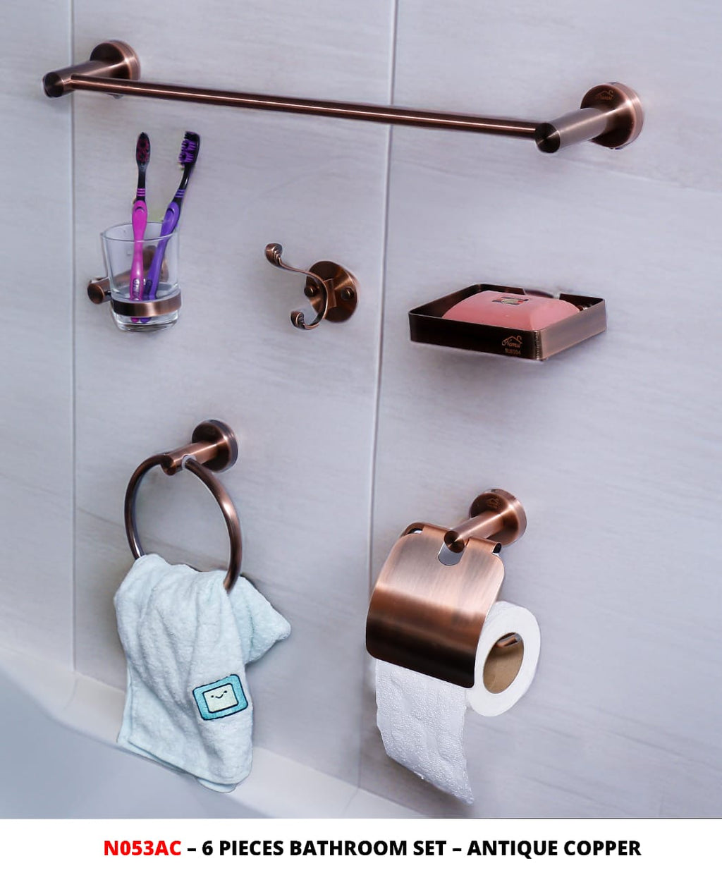 6 piece Bathroom accessories set. Ant.Copper./ Ant. Brass.