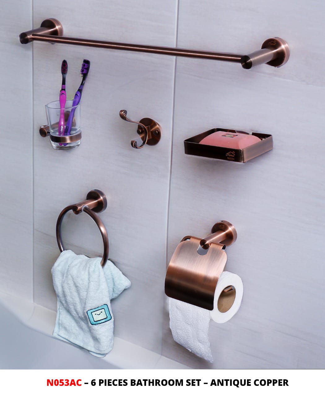6 piece Bathroom accessories set. Ant.Copper./ Ant. Brass.